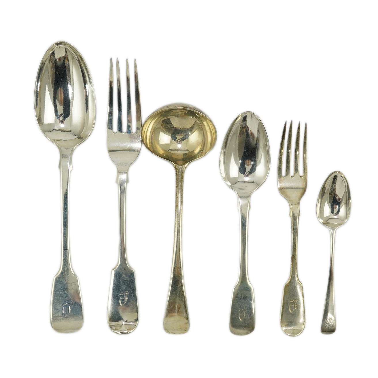 A quantity of assorted mainly 19th century flatware, various patterns, dates and makers including a set of six fiddle pattern table forks by John Stone, Exeter, 1859